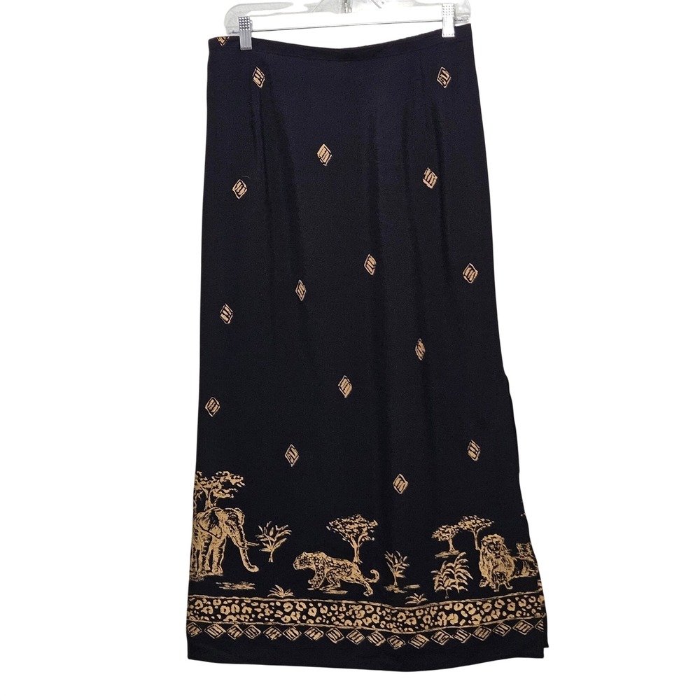Vintage 90s Alfred Dunner Maxi Skirt Womens 14 Black Gold Safari‎ Animal USA